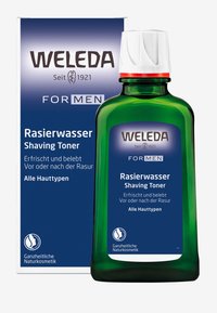 Weleda Rasierwasser scheer-toner in een groene glazen fles met een witte dop, vergezeld van een blauwe doos met productdetails en logo.