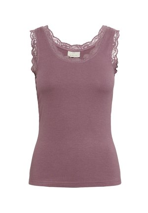 Ærmeløs ribbet mauve top med blonder omkring halsudskæringen og armhulerne, tætsiddende stil.