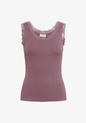 Top brez rokavov v ribbed teksturi v mauve barvi z čipkastim obrobom okoli ovratnika in armholes, prilegajoč slog.
