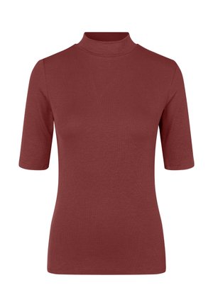 Top de manga corta con textura acanalada y un cuello alto. Color terracota. El material parece elástico y ajustado, con una textura suave.