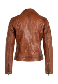 Veste en cuir marron vue de dos, avec un col cranté, des poignets zippés et une texture lisse avec des coutures et des finitions visibles.