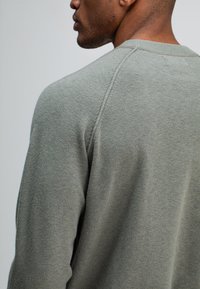Hellgrüner Pullover aus weichem Stoff, mit Rundhalsausschnitt und Raglanärmeln, die subtile Textur- und Stickdetails auf der Rückseite aufweisen.