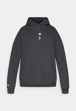 Tumehall kapuutsiga dressipluus kängurutasku, soonikkoes mansettide ja äärega. Rinnal on valge Adidas logo ja Juventuse embleem. Pehme tekstuur.