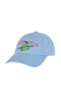 Világoskék baseball sapka ívelt karimával, amely több színben hímzett szöveget és egy zöld körte mintát tartalmaz az elején.