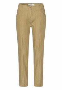 Pantaloni beige su misura con gamba dritta, zip e tasche frontali. Realizzati in un tessuto leggero con una superficie liscia.
