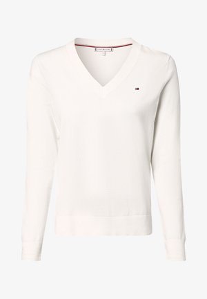 Weißer V-Ausschnitt-Pullover aus weichem Material. Lange Ärmel, gerippte Bündchen und Saum. Kleines Logo-Detail in den Farben Rot, Weiß und Blau auf der Brust.