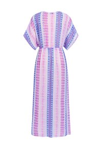 Maxikleid mit kurzen Fledermausärmeln in Pastellrosa, Lila und Blau. Verfügt über ein gestreiftes Muster und einen elastischen Bund für eine schöne Silhouette.