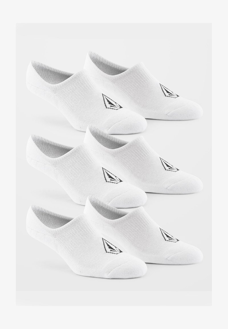 White no-show socks, featuring a ribbed texture and a black logo accent, displayed in a stacked arrangement.