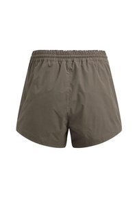 Pantaloni da bagno khaki realizzati in tessuto leggero e morbido con una vita elastica. Presentano un taglio classico e dettagli di cucitura minimal.