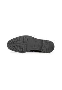 Suela de zapato de goma negra con un dibujo texturizado para agarre, con punta redondeada y un perfil lateral liso. Diseño plano, sin marcas visibles.