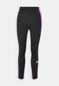 Leggings sportivi neri con vita alta, caratterizzati da pannelli laterali blu e rosa. Realizzati in tessuto lisci e elasticizzato. Logo Adidas sull'anca.