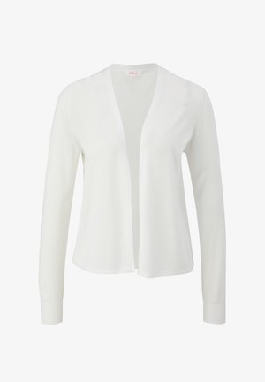 Cardigan bianco aperto sul davanti, realizzato in materiale a maglia leggera. Presenta maniche lunghe e polsini a costine, con una texture liscia e senza chiusure.