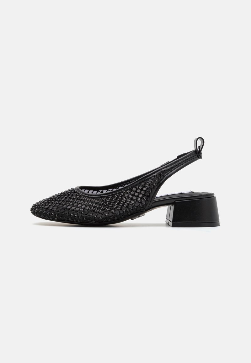 Black slingback shoe with a textured mesh upper, pointed toe, and a low block heel. Features a rear strap for secure fit.