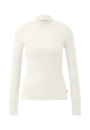 Top blanco de cuello alto con manga larga, con un diseño ajustado y una textura suave. Incluye un sutil acento de logo en el dobladillo.