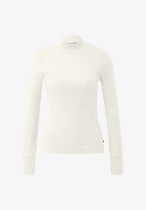 Top blanco de cuello alto con manga larga, con un diseño ajustado y una textura suave. Incluye un sutil acento de logo en el dobladillo.