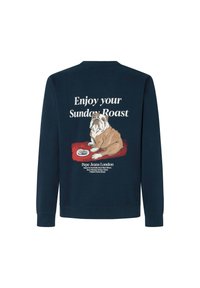 Felpa navy con illustrazione di un bulldog con un piatto su un tappeto rosso. Il testo dice "Goditi il tuo arrosto della domenica" sopra il design.