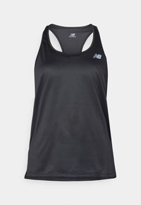 Black athletic tank top with a racerback design, made of smooth, lightweight fabric. Features a small white logo on the chest.