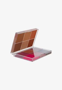 Paleta que contiene seis tonos: cuatro marrones cálidos en la parte superior y dos rosas vibrantes en la parte inferior, todo en un estuche de plástico transparente.