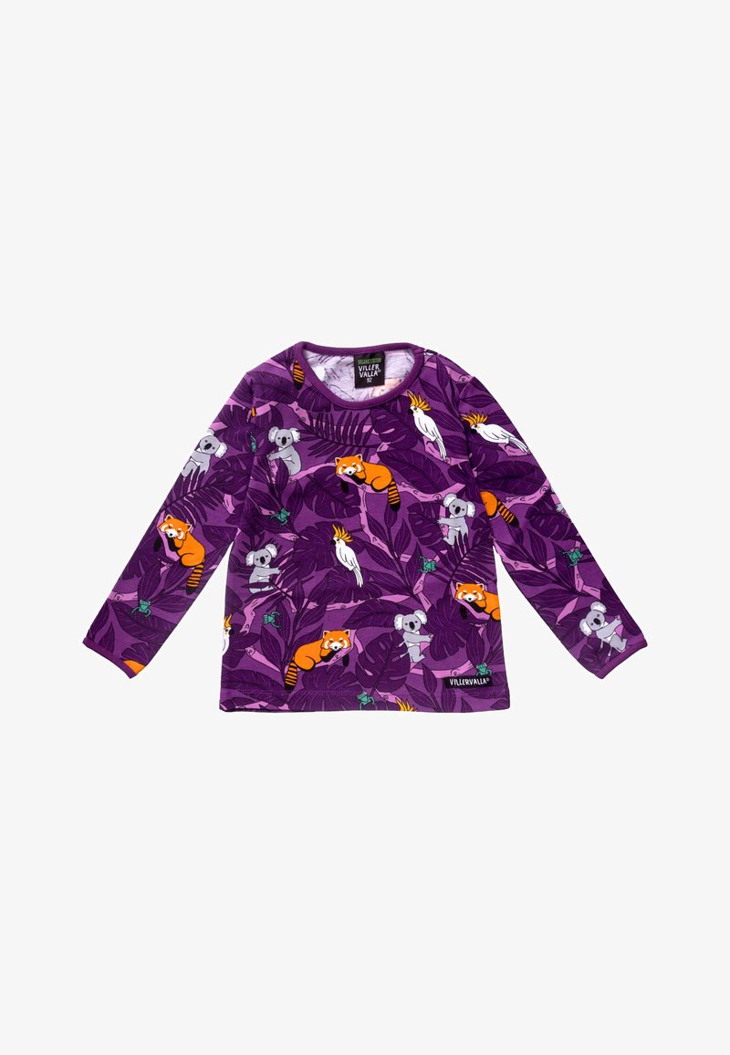 Paars shirt met lange mouwen gemaakt van zachte stof met cartoonachtige dieren zoals koala's en rode panda's te midden van tropische bladerenpatronen.