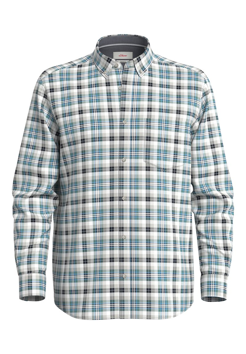 Chemise à manches courtes, à boutons, dans un motif écossais blanc, noir et turquoise. Elle présente une poche poitrine unique et un design de col classique.