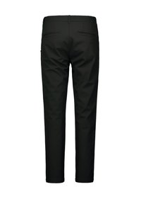 Zwarte broek met een gladde textuur, voorzien van een rechte snit, twee achterzakken en een elastische tailleband voor comfort.
