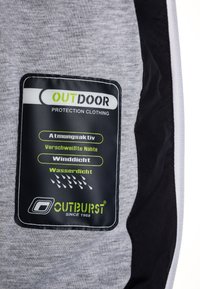 Ropa de protección exterior en gris y negro con una etiqueta negra prominente que presenta texto en verde y blanco detallando características de transpirabilidad, impermeabilidad y resistencia al viento.