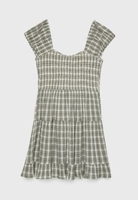 Sukienka w kratkę w odcieniach zieleni i kremu, z marszczonym gorsetem, szerokimi ramiączkami oraz falbanistym dołem. Lekki materiał.