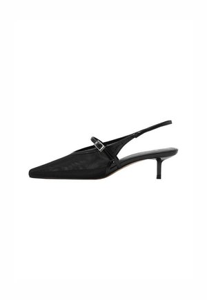 Décolleté slingback neri con punta affusolata, parte superiore in rete testurizzata, sottile cinturino regolabile con fibbia argentata e tacco a stiletto di 5 cm.