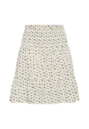 Jupe fleurie crème avec des fleurs bleues, dotée d'une taille smockée, d'un design à étages et d'un tissu texturé.