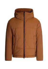 Giubbotto piumino marrone con cappuccio, dotato di zip frontale completa, design trapuntato e polsini elastici. Tessuto liscio e leggero.