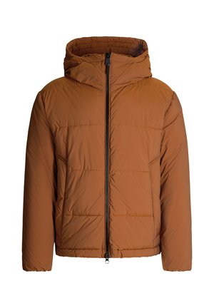 Braune Pufferjacke mit Kapuze, ausgestattet mit einem durchgehenden Reißverschluss, gestepptem Design und elastischen Bündchen. Glatte Textur und leichtes Material.