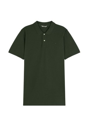 Polo de algodón de color verde oscuro con un cuello clásico, tapeta de tres botones y mangas cortas. Presenta un pequeño emblema en el pecho.