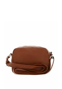 Braune Leder-Crossbody-Tasche mit strukturiertem Oberflächen, rechteckiger Form, Reißverschluss und verstellbarem Trageriemen.