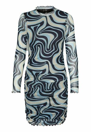 Langærmet bodycon-kjole med høj halsudskæring og bølgende abstrakt mønster i blå, sort og beige, med rynkede sider og kanter med lagden.