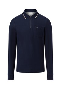 Marineblaue Langarm-Polohemd mit strukturiertem Muster, Reißverschlusskragen, kontrastierendem Kragen und einer Brusttasche. Der Stoff ist weich mit einem leichten Stretchanteil.