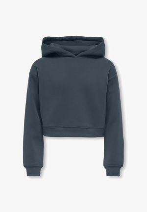Donkergrijze cropped hoodie van gladde stof. Heeft een capuchon, lange mouwen en geribde manchetten met een eenvoudig, effen ontwerp.
