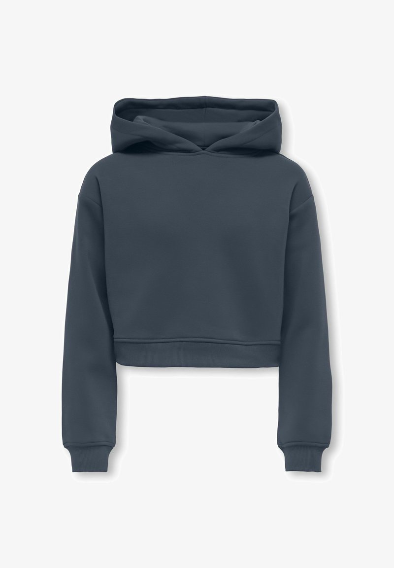 Haut à capuche noir foncé, court, en tissu lisse. Il présente une capuche, des manches longues et des poignets côtelés avec un design simple et épuré.