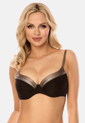 Schwarzer BH mit gepolsterten Cups, durchsichtigen grauen Akzenten und einer dekorativen metallischen Trim um den oberen Rand. Verstellbare Träger und eine glatte Textur.