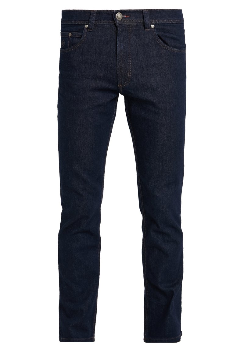 Ciemnoniebieskie dopasowane dżinsy z przodu z kieszeniami, szlufkami na pasek i metalowym zapięciem na guzik.