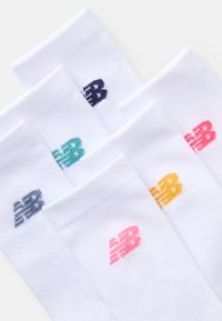 White cotton socks set, featuring embroidered logos in navy, teal, pink, and yellow. Soft texture with ribbed cuffs, arranged in overlapping layers.