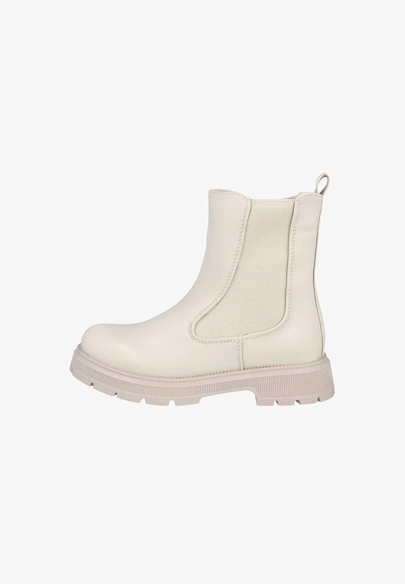 Botín impermeable blanco hasta el tobillo, hecho de cuero sintético liso, con paneles laterales de elastano y una suela de goma texturizada.