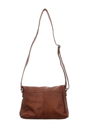 Brown leather shoulder bag with adjustable strap and simple seam details on a plain white background.