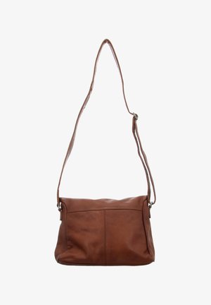Brown leather shoulder bag with adjustable strap and simple seam details on a plain white background.