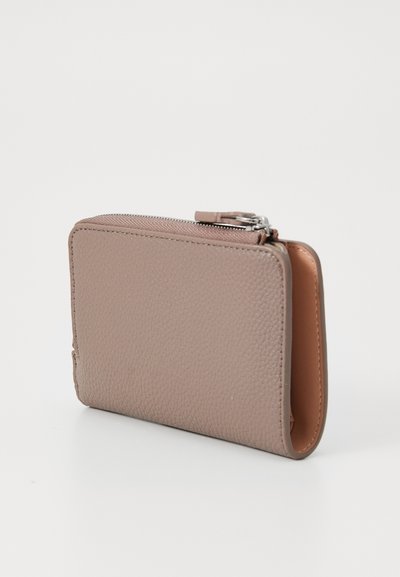 Brown textured leather wallet with a zip closure and rounded corners, featuring a tan interior and a small metal hardware detail.