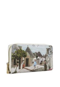 Portafoglio con un design fotografico delle tradizionali case trulli. Realizzato in materiale sintetico, presenta una chiusura con zip e dettagli floreali.
