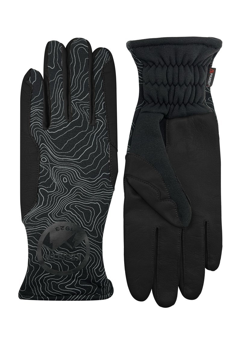 Une paire de gants d'hiver noirs, l'un montrant le dos avec un motif de carte en contours blancs et un logo, l'autre montrant une paume texturée uni avec un poignet élastique.