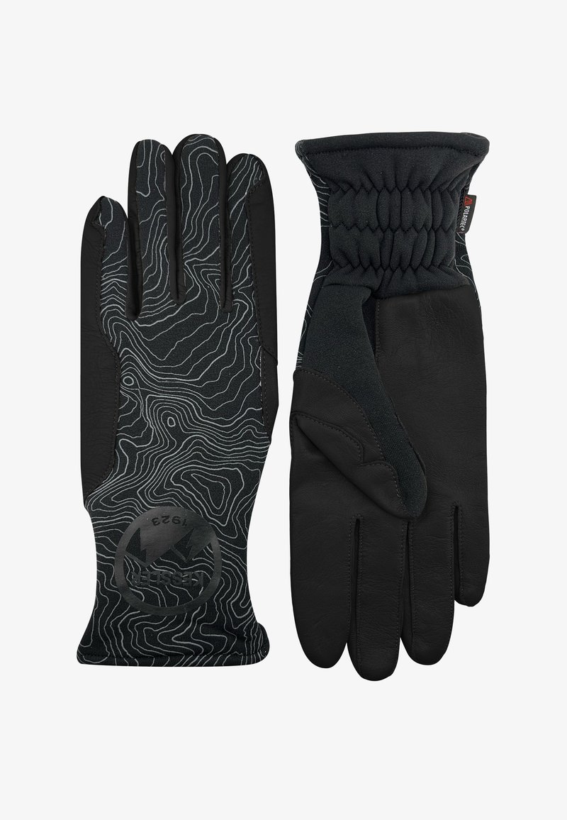 Une paire de gants d'hiver noirs, l'un montrant le dos avec un motif de carte en contours blancs et un logo, l'autre montrant une paume texturée uni avec un poignet élastique.