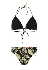 Bikini nero con top triangolare e lacci regolabili, caratterizzato da un motivo floreale verde e rosa sul fondo. Texture del tessuto morbida.