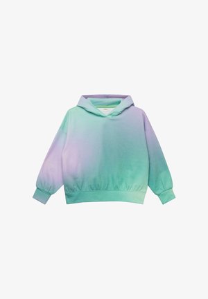 Bluza z kapturem o długich rękawach w pastelowym gradiencie łączącym zieleń, fiolet i niebieski, z elastycznymi mankietami i ściągaczem w pasie.