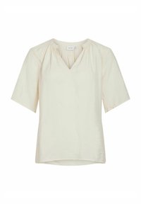 Ljusbeige kortärmad blus med V-hals och rynkad detalj vid halsringningen, tillverkad av mjukt tyg med en slät textur.